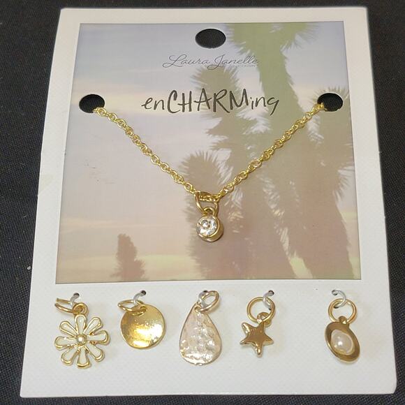 Laura Janelle‎ Encharming Necklace 6 Charms Gold Silver Rhinestone Flower Star - Picture 1 of 8